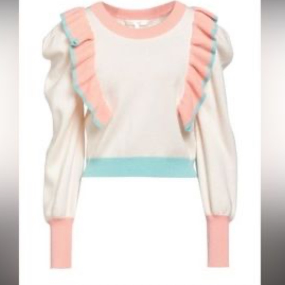 Cream Sweater with purple and green Ruffle Accents